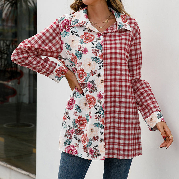 Damer Trendig Rutblus med Blommig Patchwork-Design Eva Jonsson-Eva Jonsson