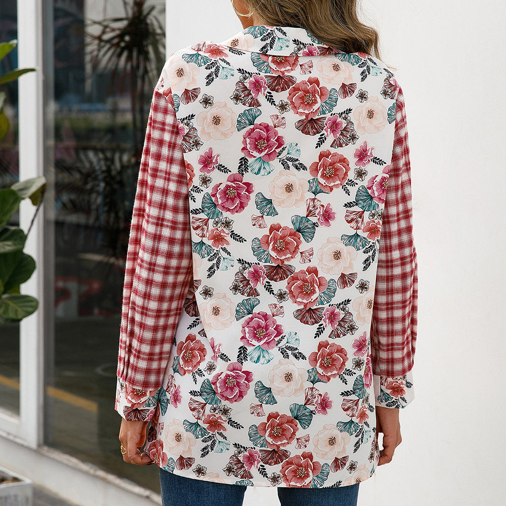 Damer Trendig Rutblus med Blommig Patchwork-Design Eva Jonsson-Eva Jonsson
