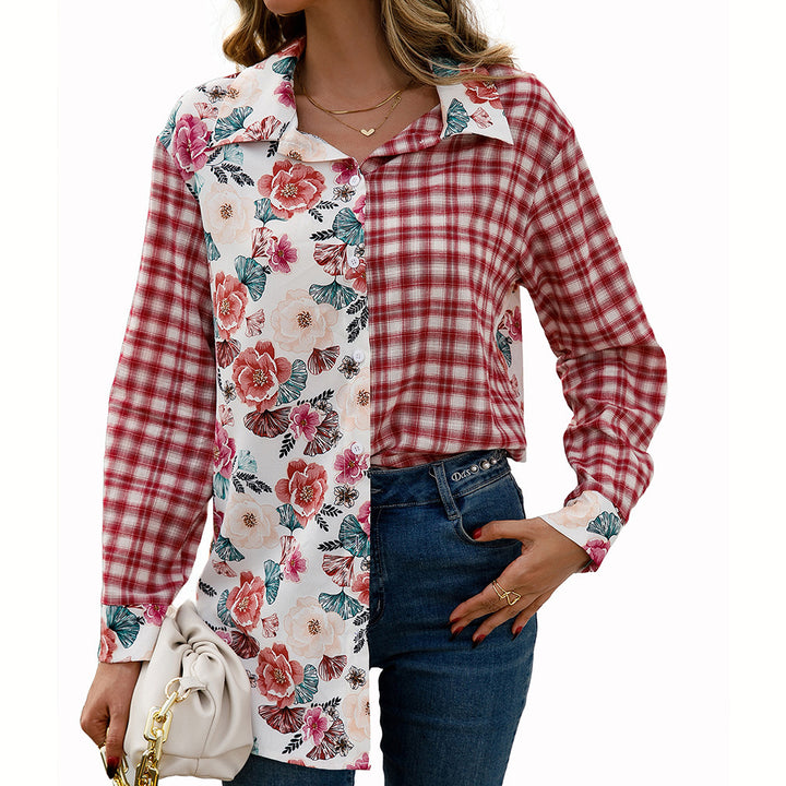 Damer Trendig Rutblus med Blommig Patchwork-Design Eva Jonsson-Eva Jonsson