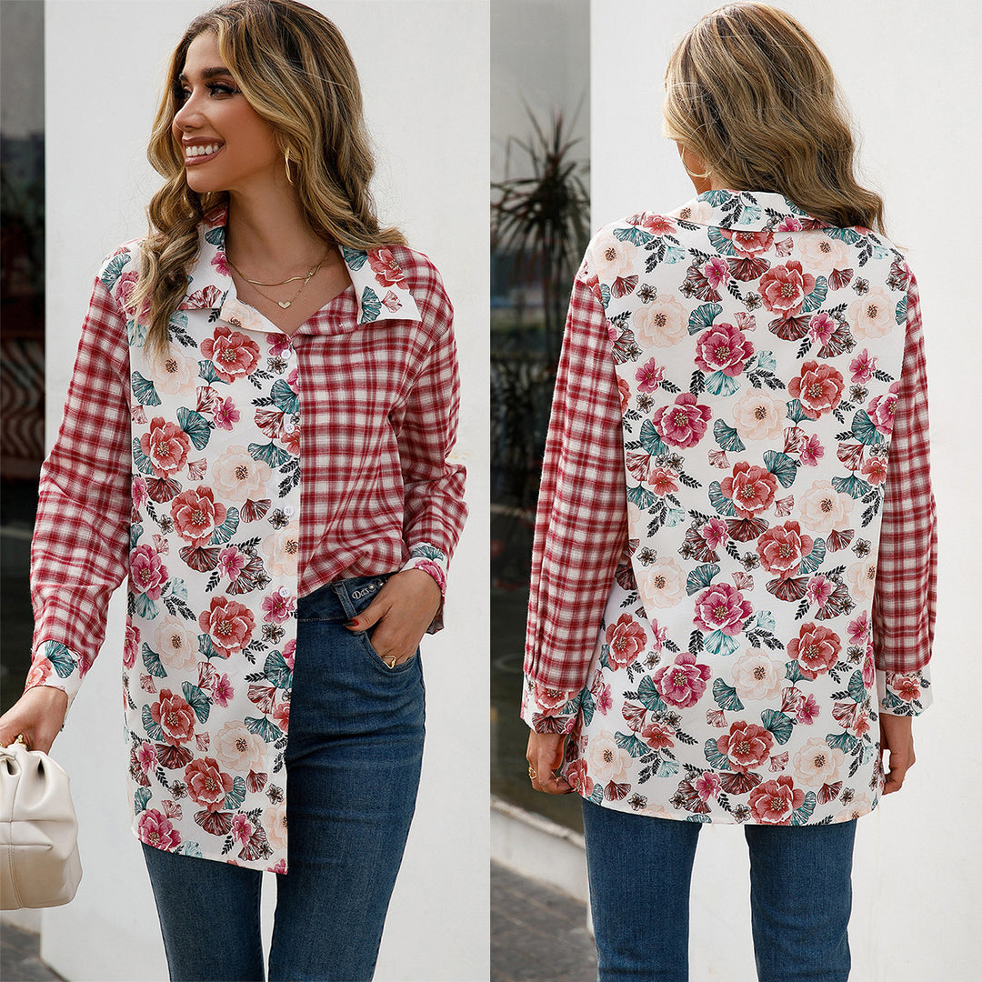 Damer Trendig Rutblus med Blommig Patchwork-Design Eva Jonsson-Eva Jonsson