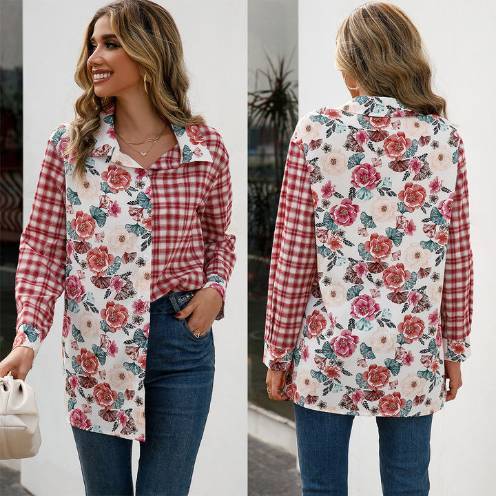 Damer Trendig Rutblus med Blommig Patchwork-Design Eva Jonsson-Eva Jonsson