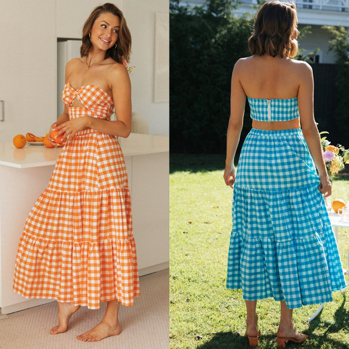 Damer Tvådelat Gingham Stil Set med Crop Top och Voluminös Kjol Mirla-Eva Jonsson
