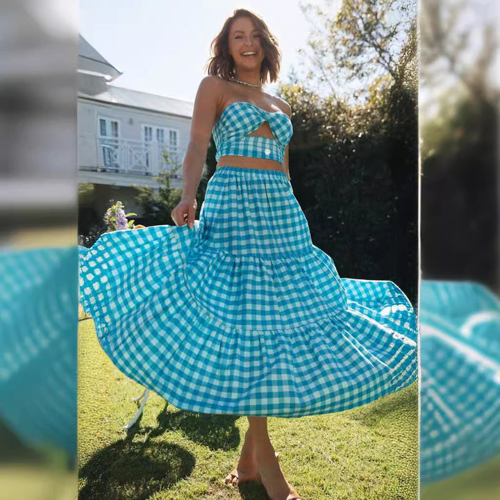 Damer Tvådelat Gingham Stil Set med Crop Top och Voluminös Kjol Mirla-Eva Jonsson