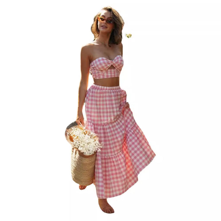 Damer Tvådelat Gingham Stil Set med Crop Top och Voluminös Kjol Mirla-Eva Jonsson
