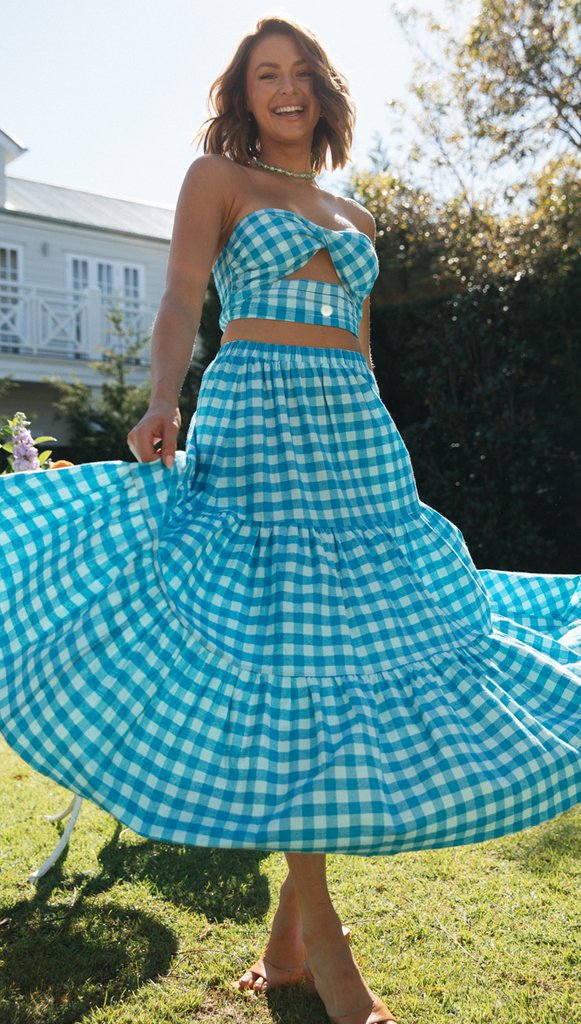 Damer Tvådelat Gingham Stil Set med Crop Top och Voluminös Kjol Mirla-Eva Jonsson