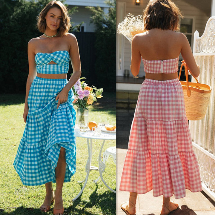 Damer Tvådelat Gingham Stil Set med Crop Top och Voluminös Kjol Mirla-Eva Jonsson