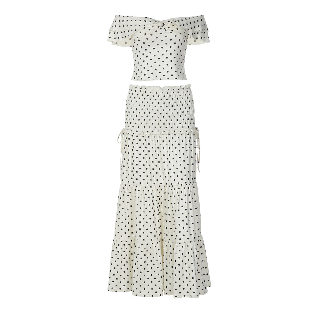 Damer Tvådelat Prickigt Set med Off-Shoulder Topp och Svängande Kjol Mirla-Eva Jonsson