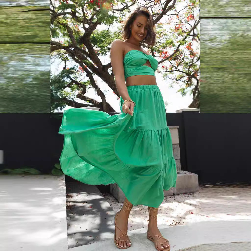 Damer Tvådelat Set bestående av Crop Top och Maxi Kjol med Luftig Silhuett Mirla-Eva Jonsson