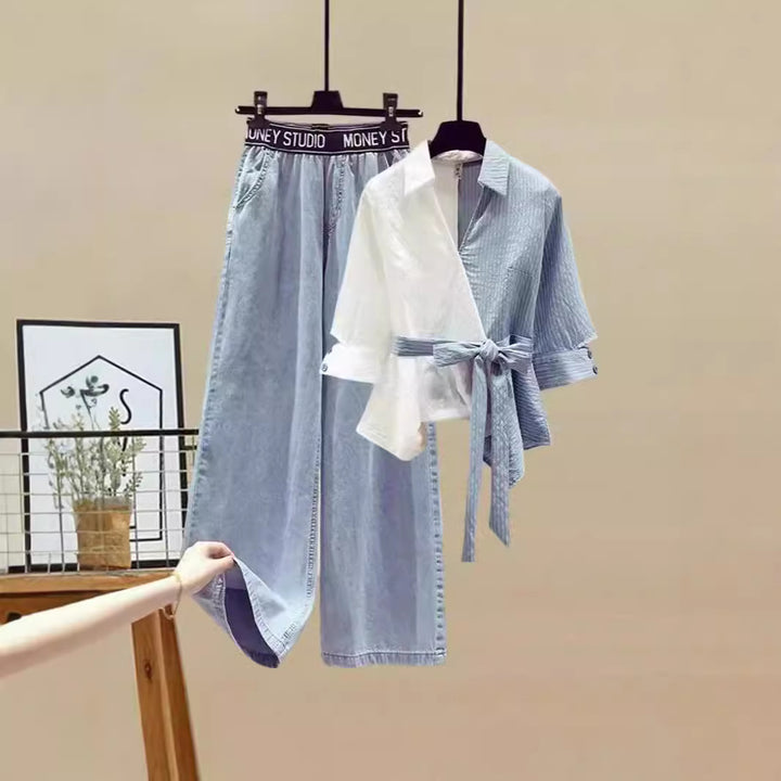 Damer Tvådelat set med lös, randig topp och vida jeansbyxor Mirla-Eva Jonsson