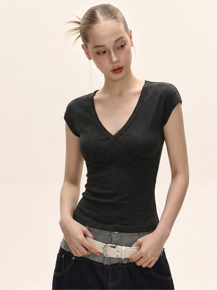 Damer V-hals Kortärmad T-shirt Enfärgad Slim Fit-Eva Jonsson