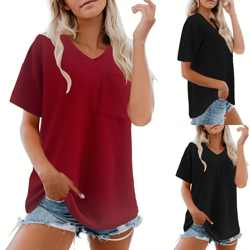 Damer V-hals Oversized T-shirt med bröstfick och ribbad struktur Eva Jonsson-Eva Jonsson