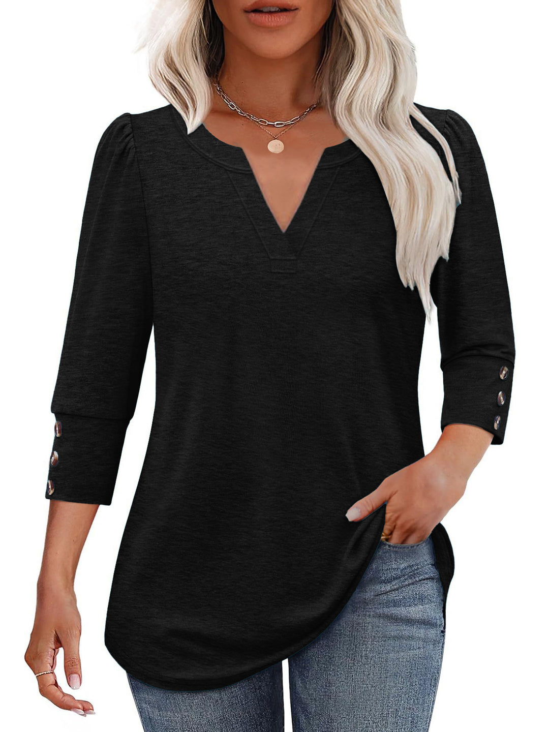 Damer V-ringad blus med dekorativa knapppdetaljer Eva Jonsson-Eva Jonsson