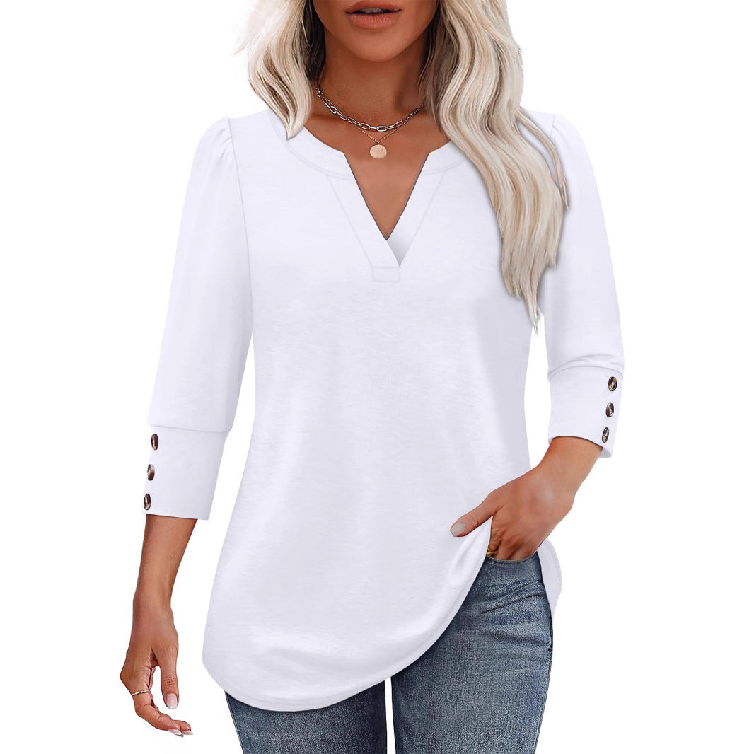 Damer V-ringad blus med dekorativa knapppdetaljer Eva Jonsson-Eva Jonsson