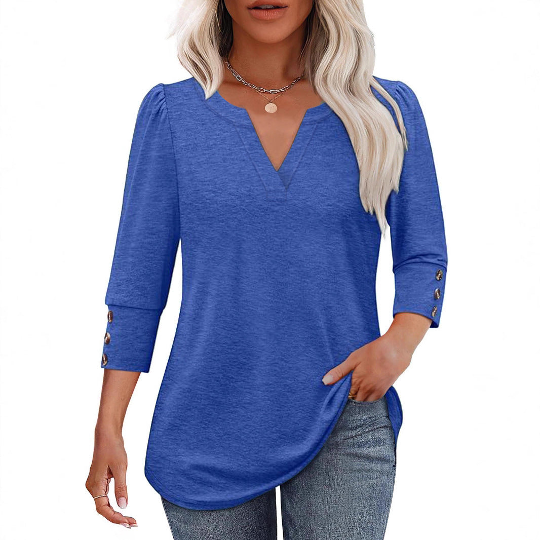 Damer V-ringad blus med dekorativa knapppdetaljer Eva Jonsson-Eva Jonsson