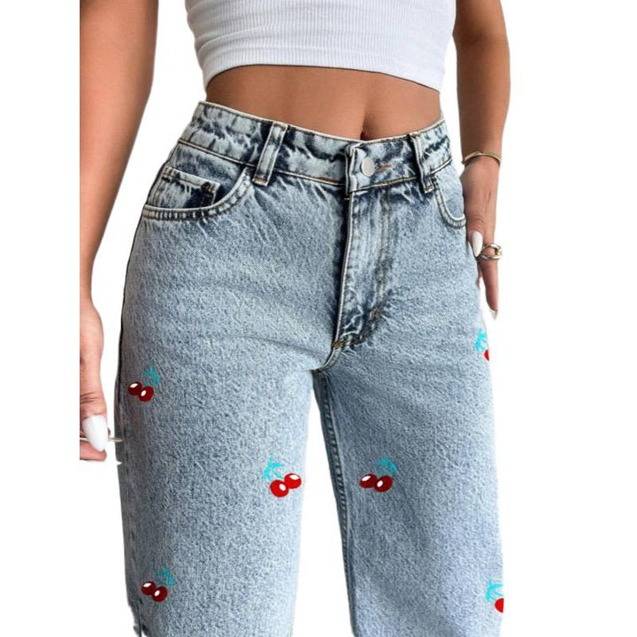 Damer Vida jeans i fruktig broderidesign Mirla-Eva Jonsson