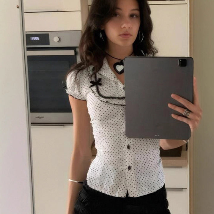 Damer Vintage Polka Dot Blus med Puffärmar Mirla-Eva Jonsson