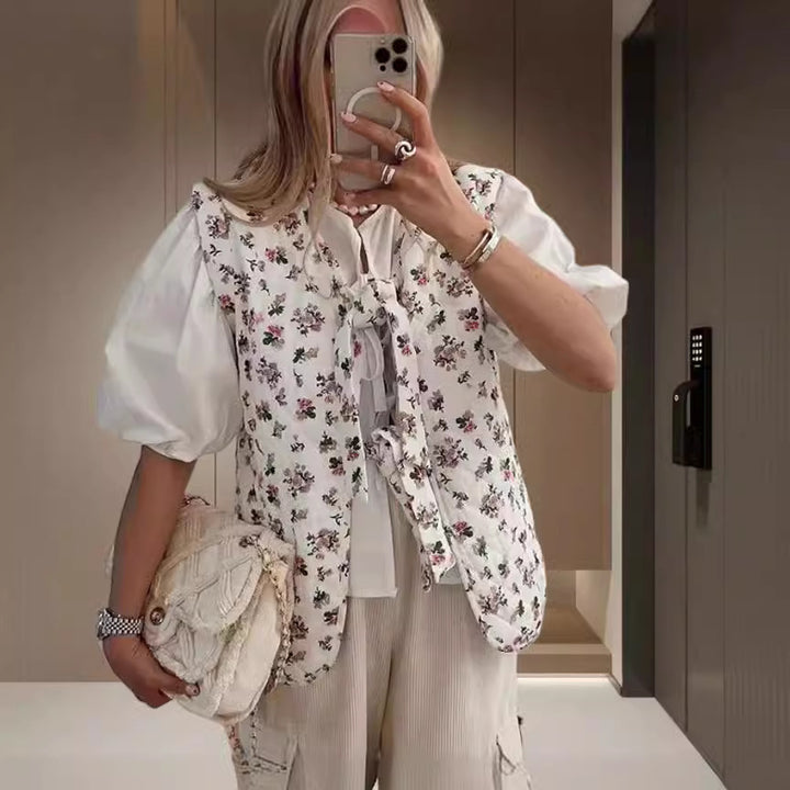 Damer ärmlös blusklänning med blommönster och eleganta knytband Eva Jonsson-Eva Jonsson