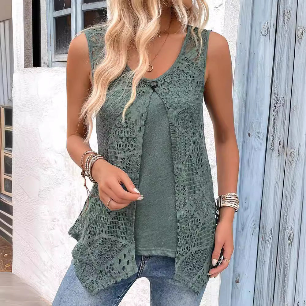 Damer ärmlös spets tunika t-shirt med moderiktig knäppning Mirla-Eva Jonsson