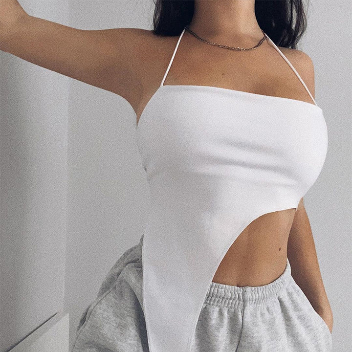 Damer asymmetrisk Crop-Top med fint ribbmönster och djup halsringning Mirla-Eva Jonsson