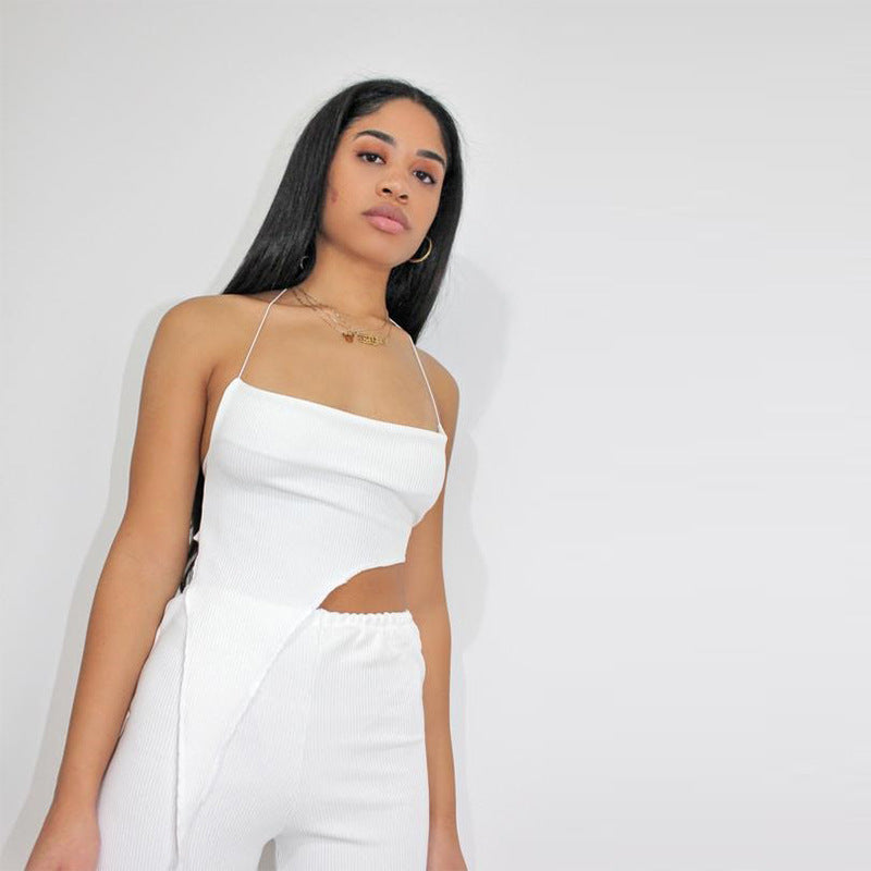 Damer asymmetrisk Crop-Top med fint ribbmönster och djup halsringning Mirla-Eva Jonsson