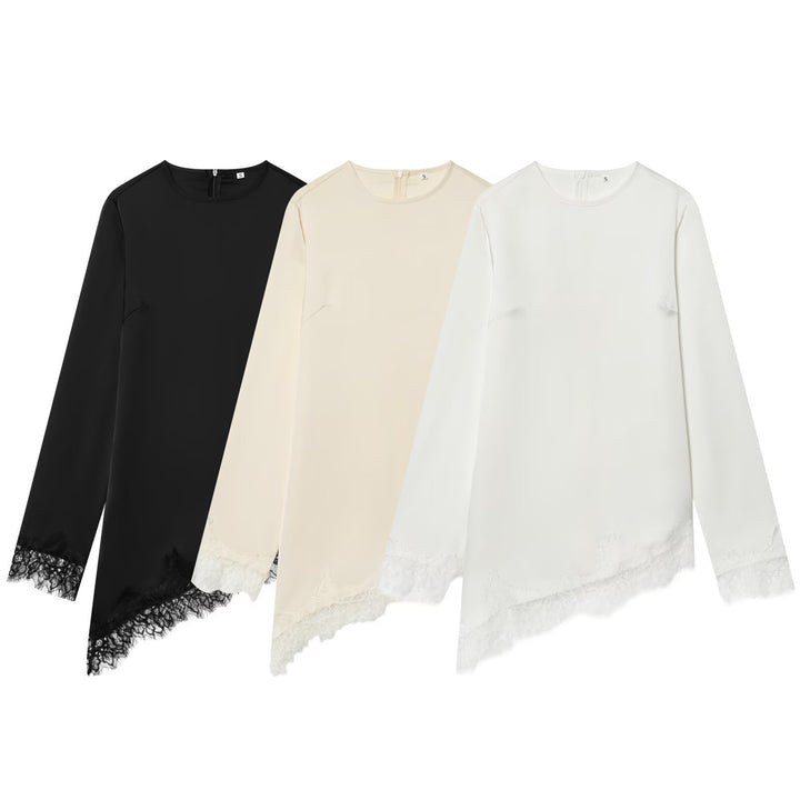Damer asymmetrisk blusenshirt med spetsdekoration Mirla-Eva Jonsson