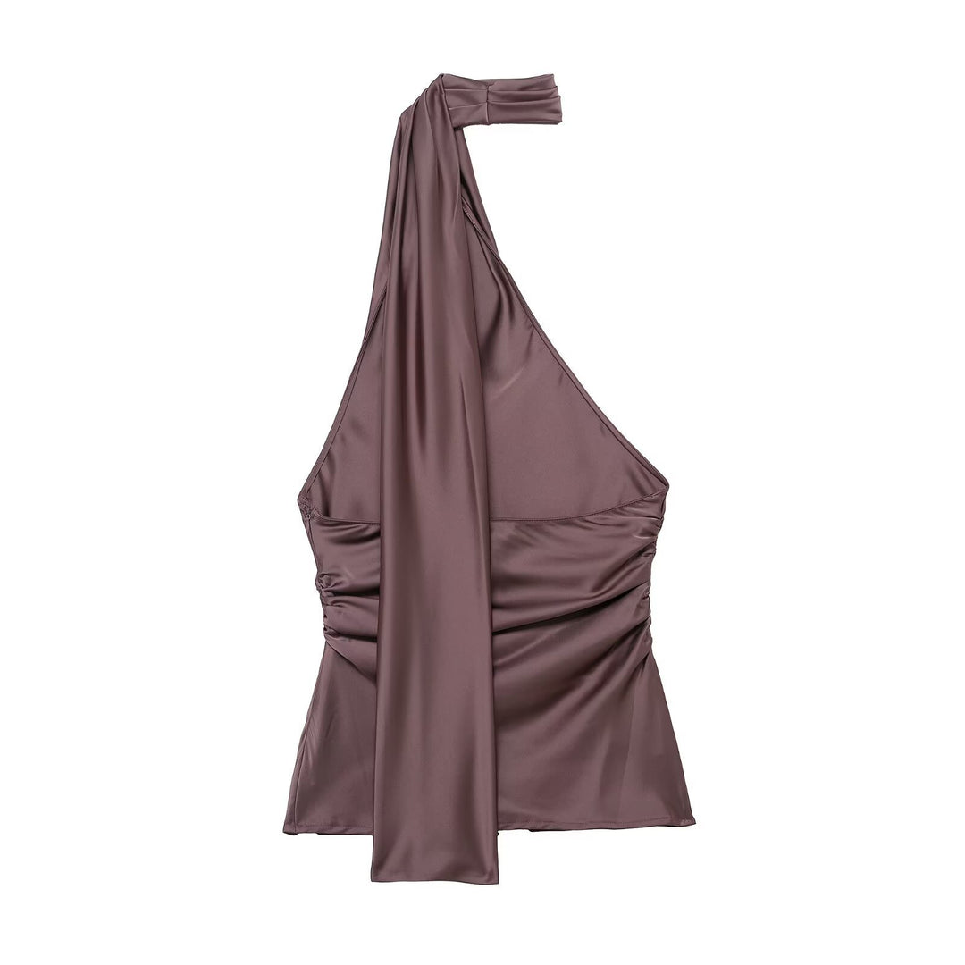 Damer asymmetrisk topp med elegant halsknutdesign och rynkor Mirla-Eva Jonsson