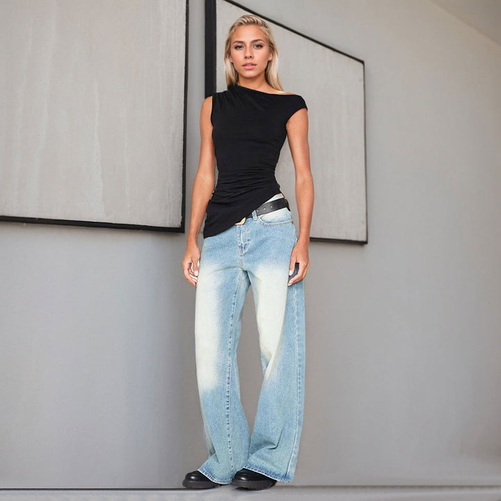 Damer asymmetrisk topp med eleganta draperingsdetaljer Mirla-Eva Jonsson