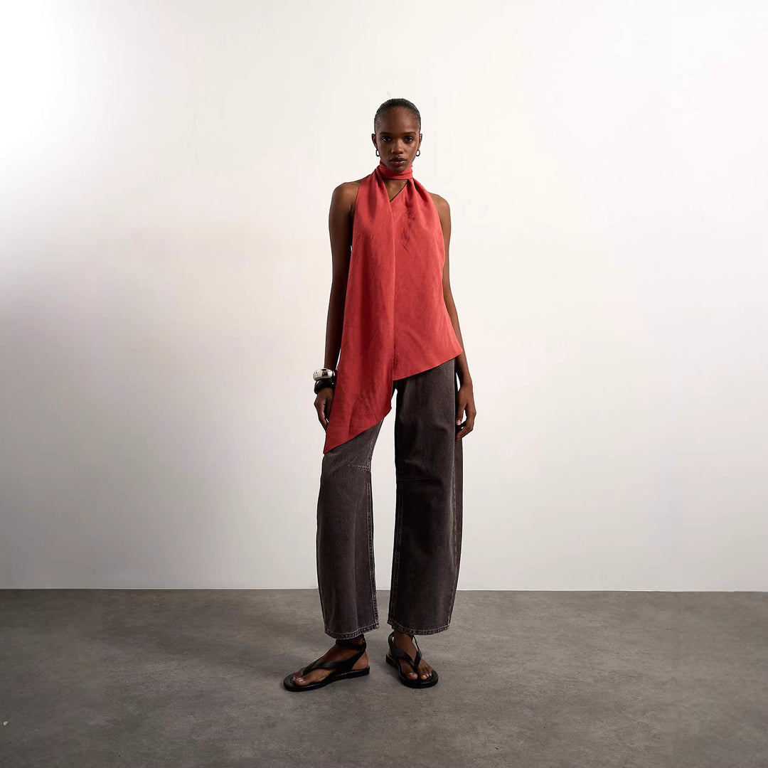 Damer asymmetrisk wrap-overdel med elegant scarf Mirla-Eva Jonsson