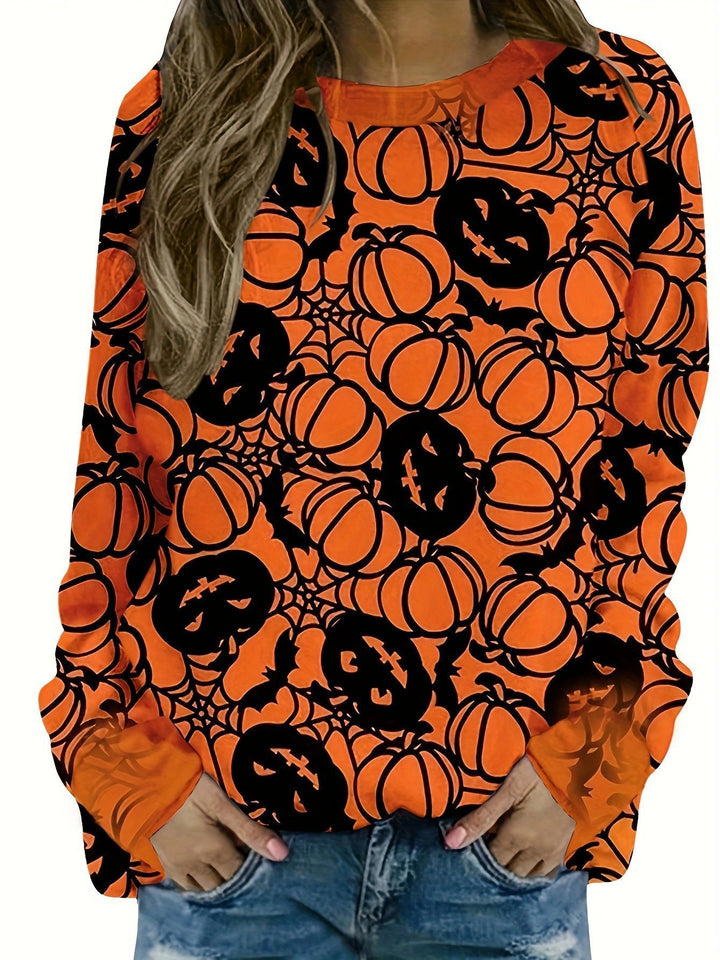 Damer avslappnad Halloween sweatshirt med pumpa- och spindelnätmönster Mirla-Eva Jonsson
