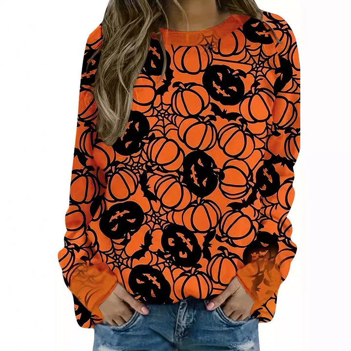 Damer avslappnad Halloween sweatshirt med pumpa- och spindelnätmönster Mirla-Eva Jonsson