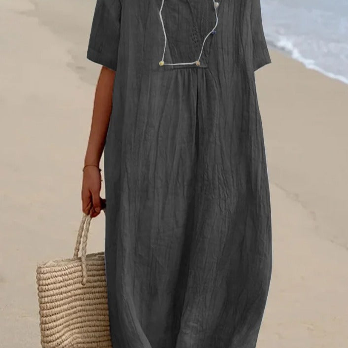 Damer avslappnad Midi-klänning med V-ringning och bekväma korta ärmar Eva Jonsson-Eva Jonsson