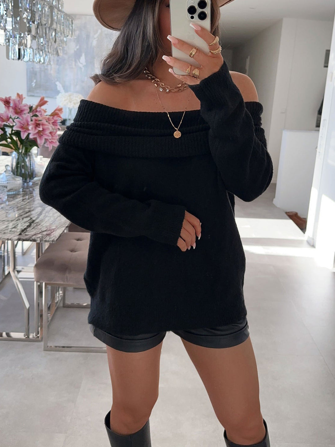 Damer avslappnad Off-Shoulder tröja med ribbstruktur Eva Jonsson-Eva Jonsson