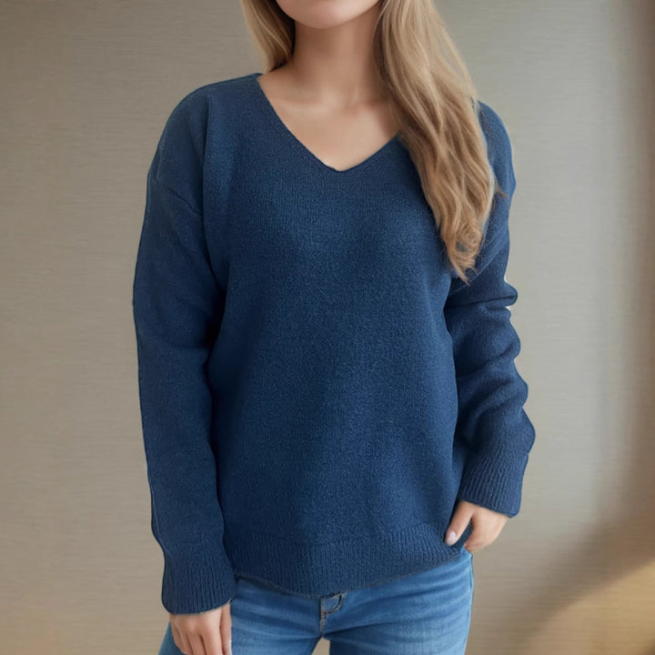 Damer avslappnad V-hals tröja med modern strukturdesign Mirla-Eva Jonsson