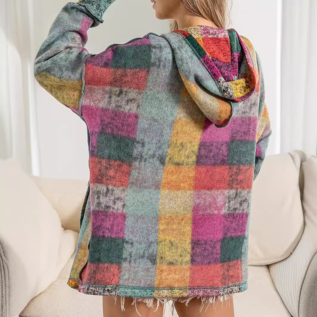 Damer avslappnad blockrutig hoodie med praktiska fickor Eva Jonsson-Eva Jonsson