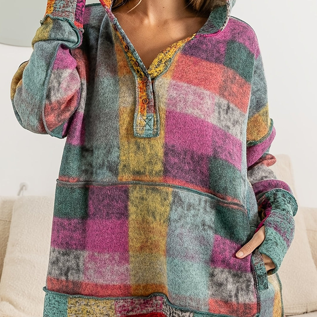 Damer avslappnad blockrutig hoodie med praktiska fickor Eva Jonsson-Eva Jonsson