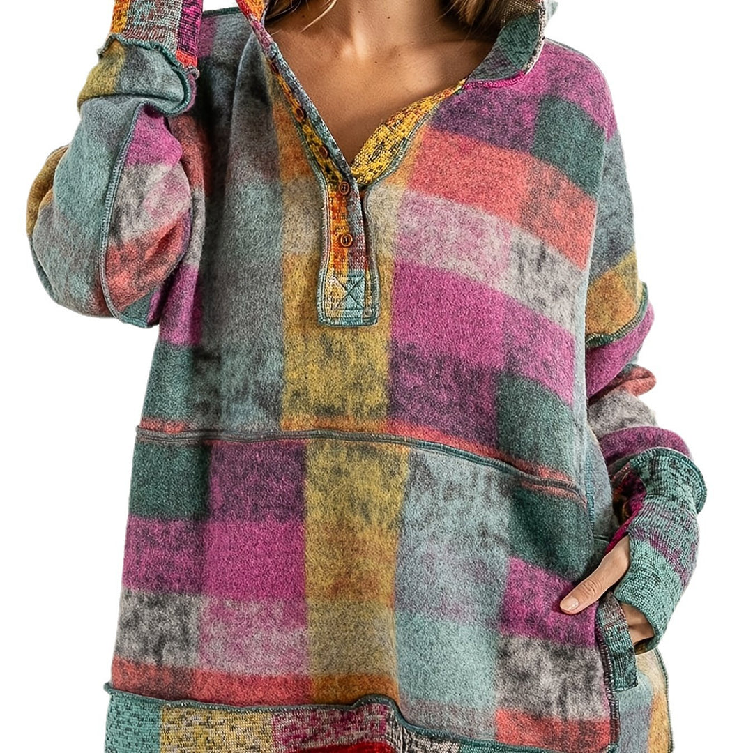 Damer avslappnad blockrutig hoodie med praktiska fickor Eva Jonsson-Eva Jonsson