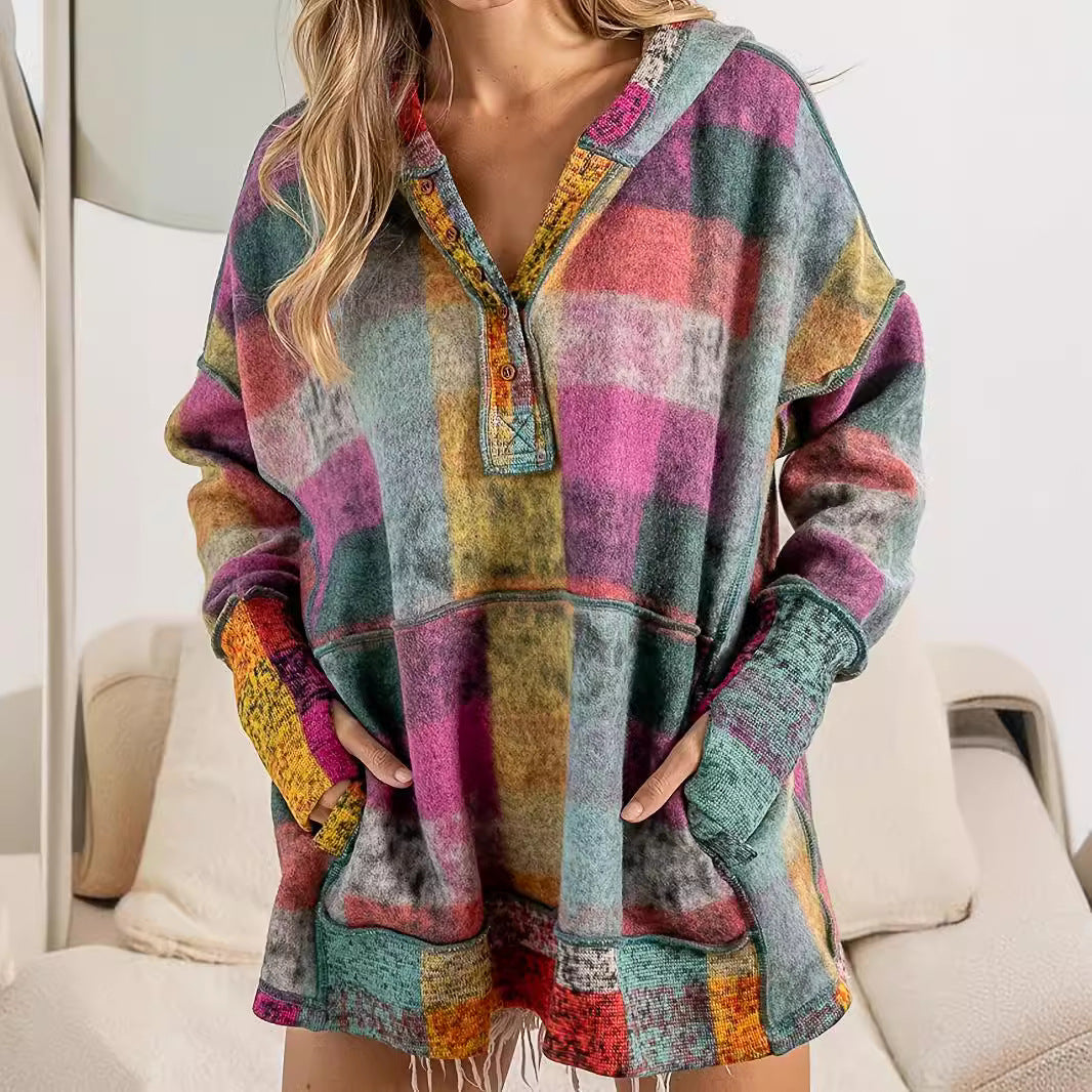 Damer avslappnad blockrutig hoodie med praktiska fickor Eva Jonsson-Eva Jonsson