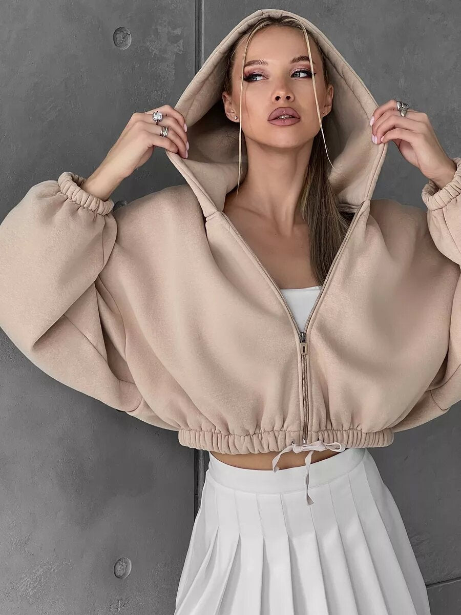 Damer avslappnad cropped hoodie med dragkedja och snodd Mirla-Eva Jonsson