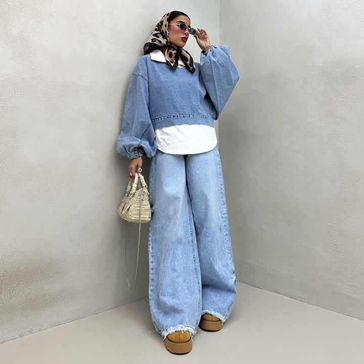 Damer avslappnad denim-overdel med strukturerad undertröja Mirla-Eva Jonsson