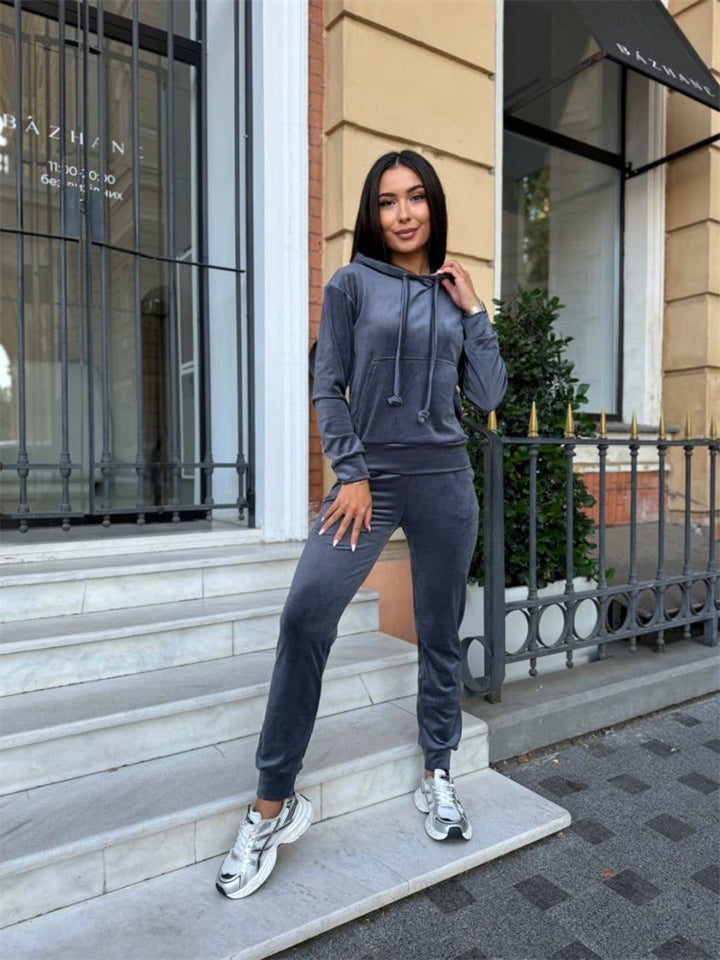 Damer avslappnad fleece-joggingdräktset med huva och elastiskt midjeband Eva Jonsson-Eva Jonsson