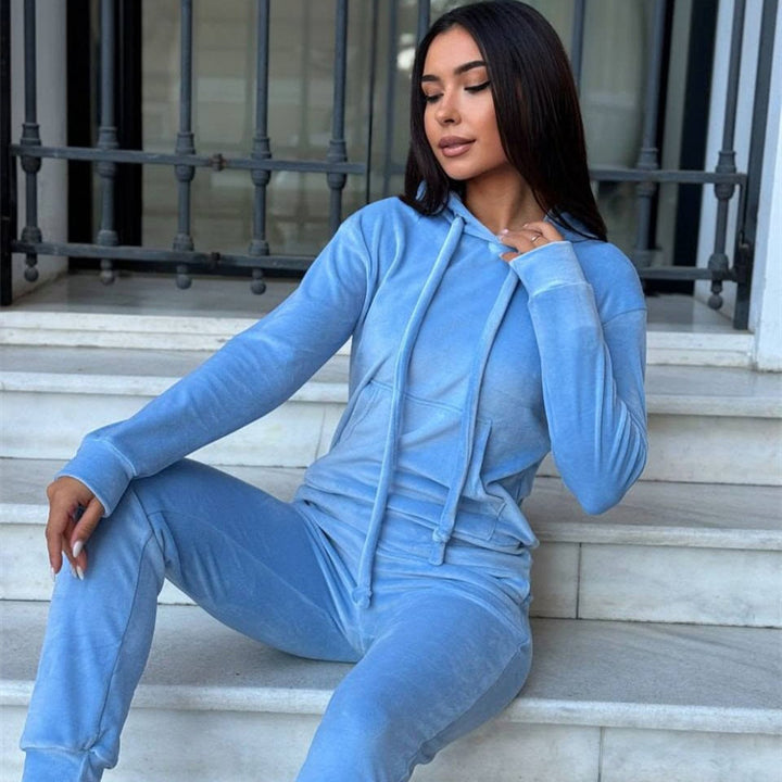 Damer avslappnad fleece-joggingdräktset med huva och elastiskt midjeband Eva Jonsson-Eva Jonsson