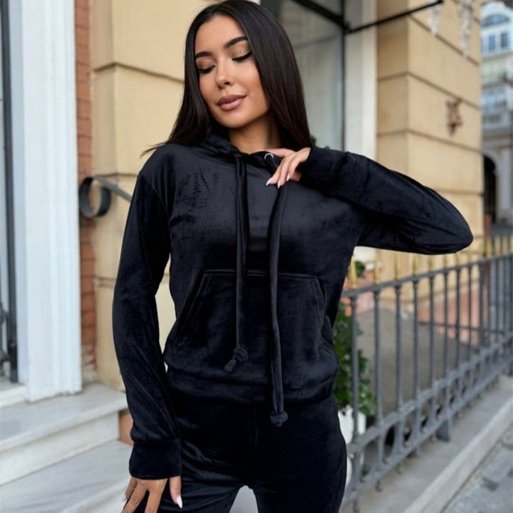 Damer avslappnad fleece-joggingdräktset med huva och elastiskt midjeband Eva Jonsson-Eva Jonsson