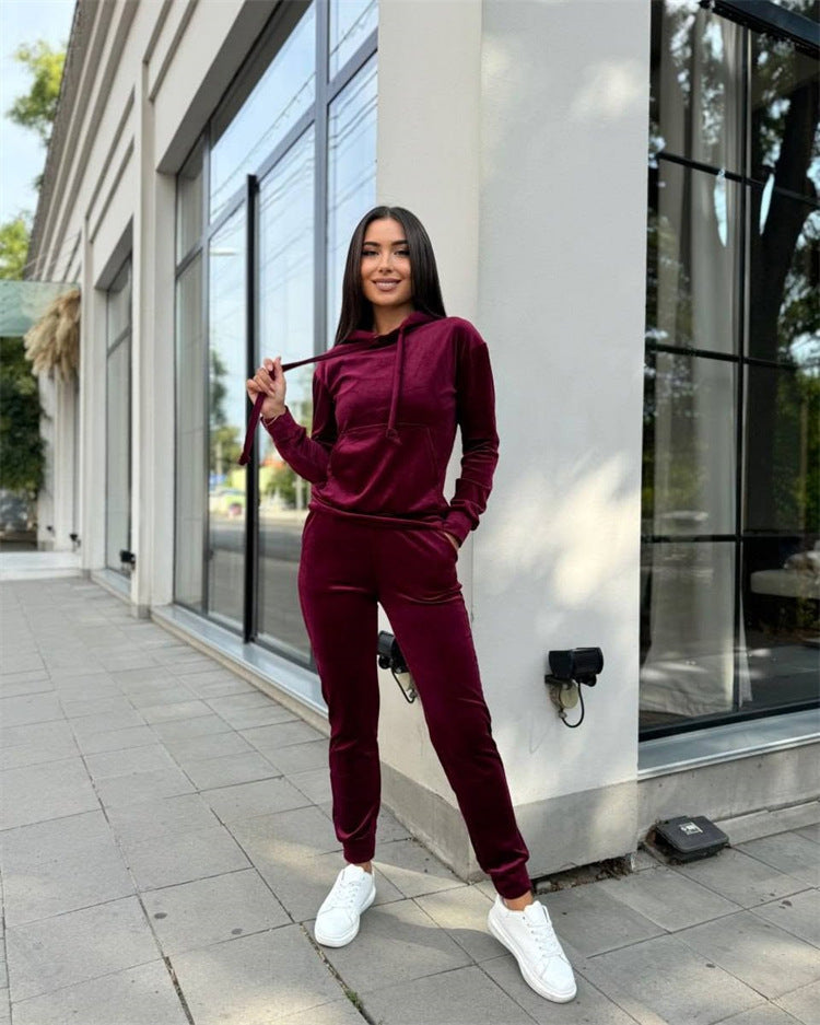 Damer avslappnad fleece-joggingdräktset med huva och elastiskt midjeband Eva Jonsson-Eva Jonsson