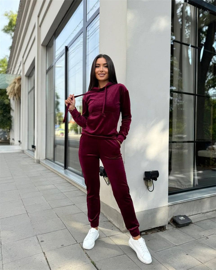 Damer avslappnad fleece-joggingdräktset med huva och elastiskt midjeband Eva Jonsson-Eva Jonsson