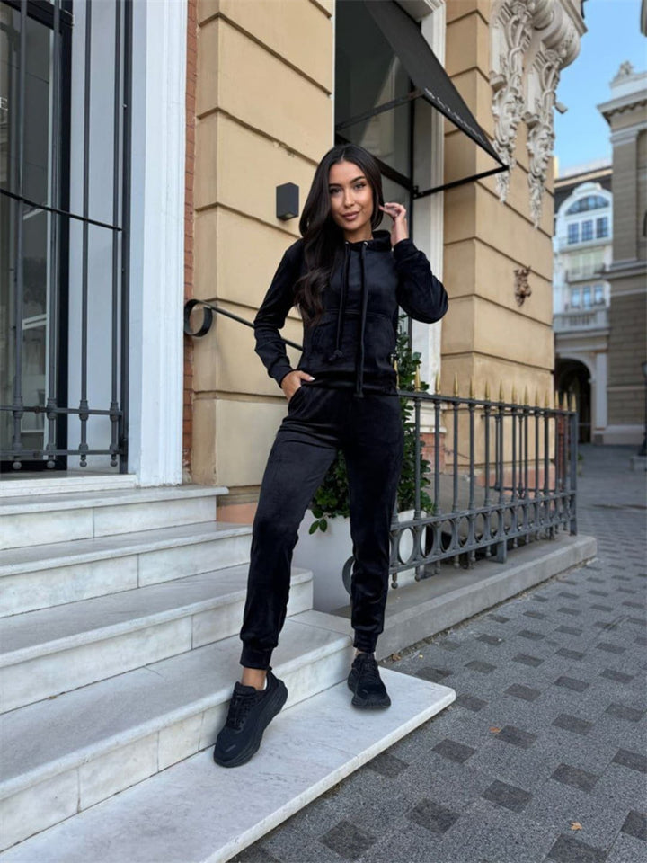 Damer avslappnad fleece-joggingdräktset med huva och elastiskt midjeband Eva Jonsson-Eva Jonsson