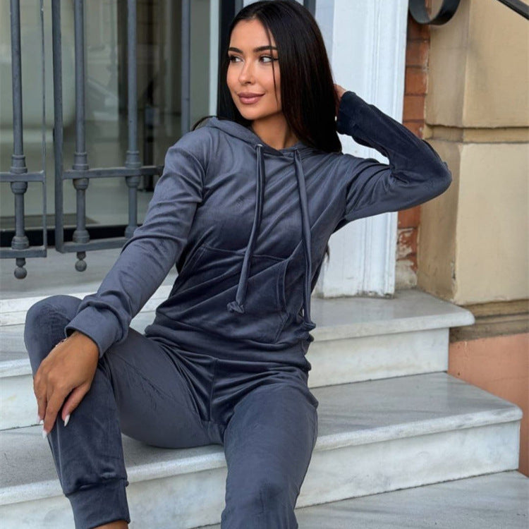Damer avslappnad fleece-joggingdräktset med huva och elastiskt midjeband Eva Jonsson-Eva Jonsson