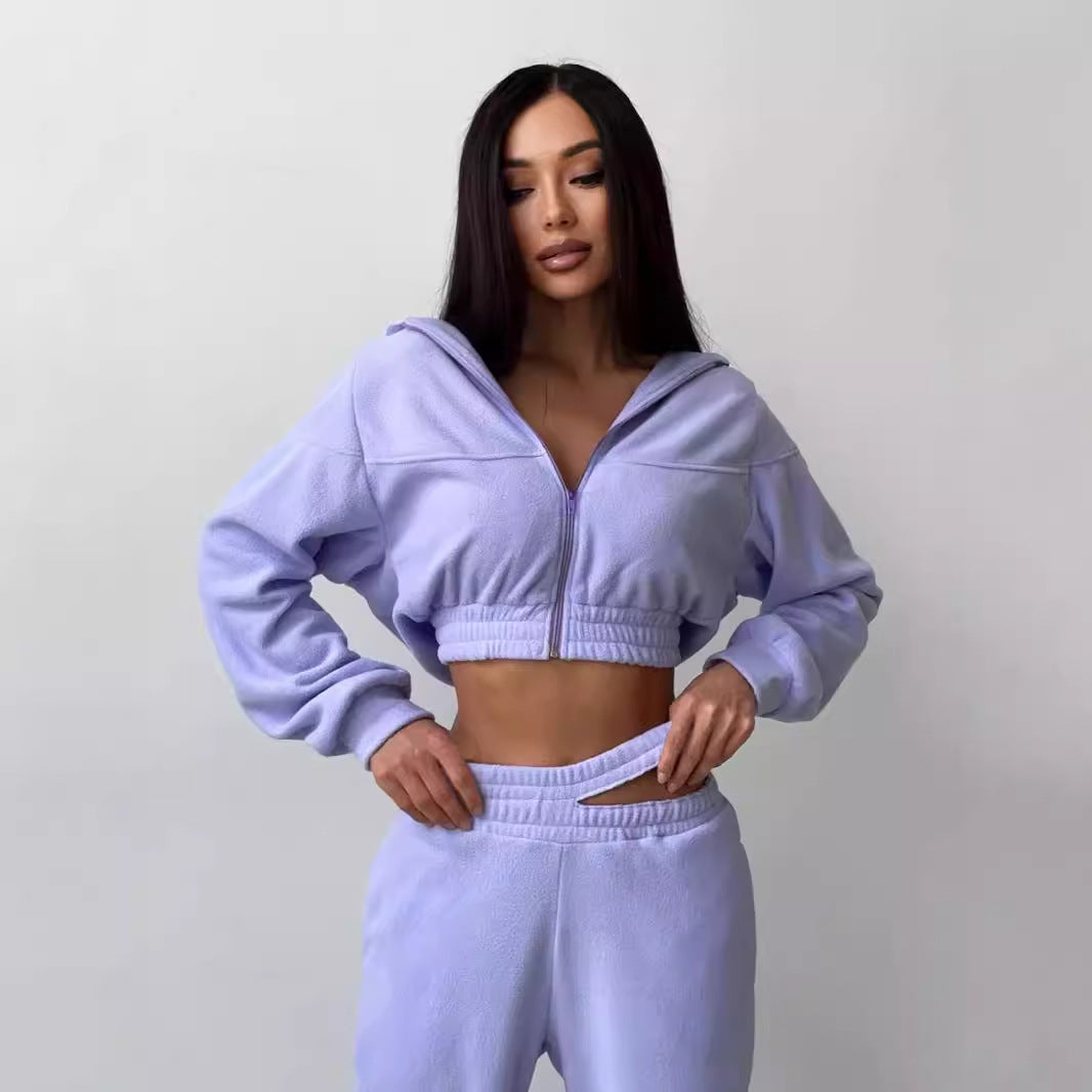Damer avslappnad fleece-set med croppad hoodie och bekväma byxor Mirla-Eva Jonsson