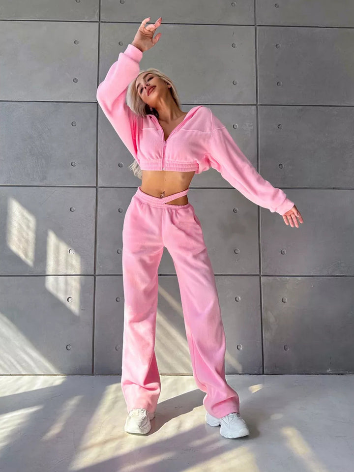 Damer avslappnad fleece-set med croppad hoodie och bekväma byxor Mirla-Eva Jonsson