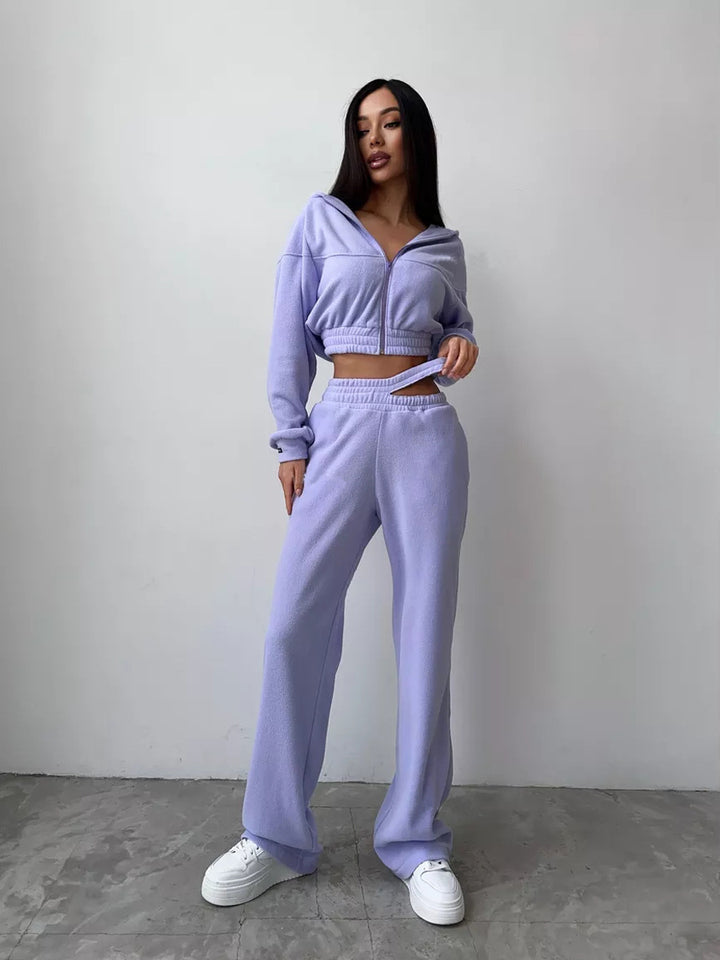 Damer avslappnad fleece-set med croppad hoodie och bekväma byxor Mirla-Eva Jonsson