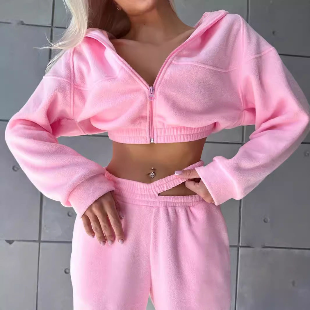 Damer avslappnad fleece-set med croppad hoodie och bekväma byxor Mirla-Eva Jonsson